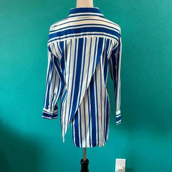Zara Blue & White Stripe Satin Long Sleeve Classic Button-Down Shirt Size XS - Picture 4 of 5